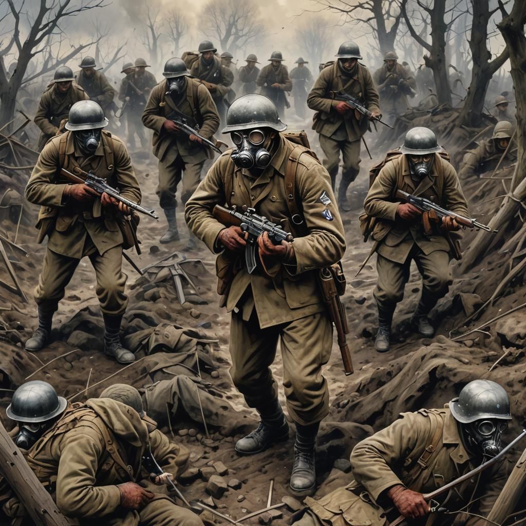 Soldiers on the worldwar 1 battlefield, trenches, gasmasks, ...