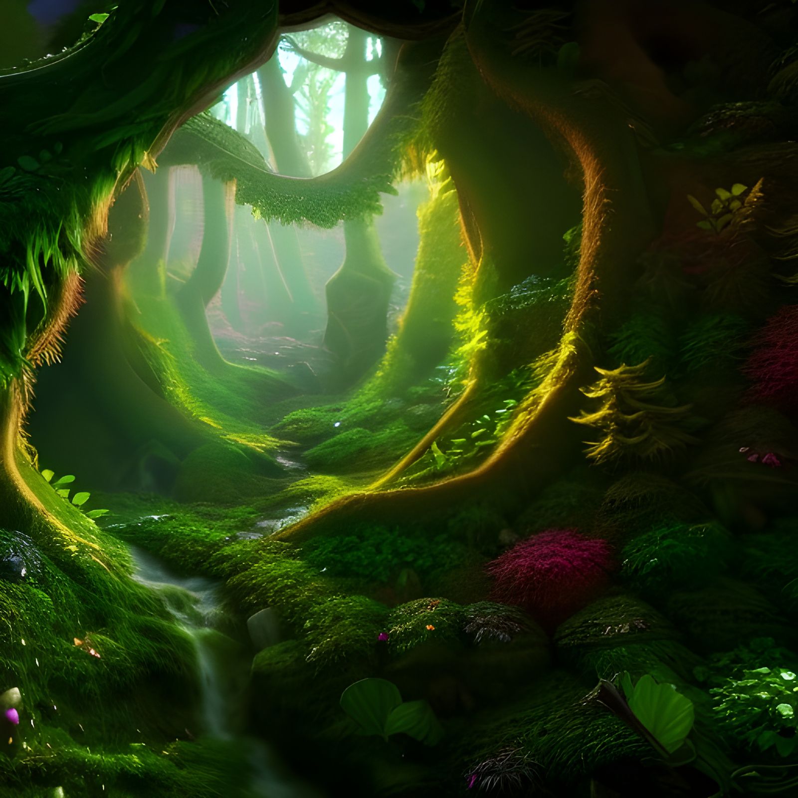 Non-Euclidean enchanted forest cliff 8K resolution beautiful...