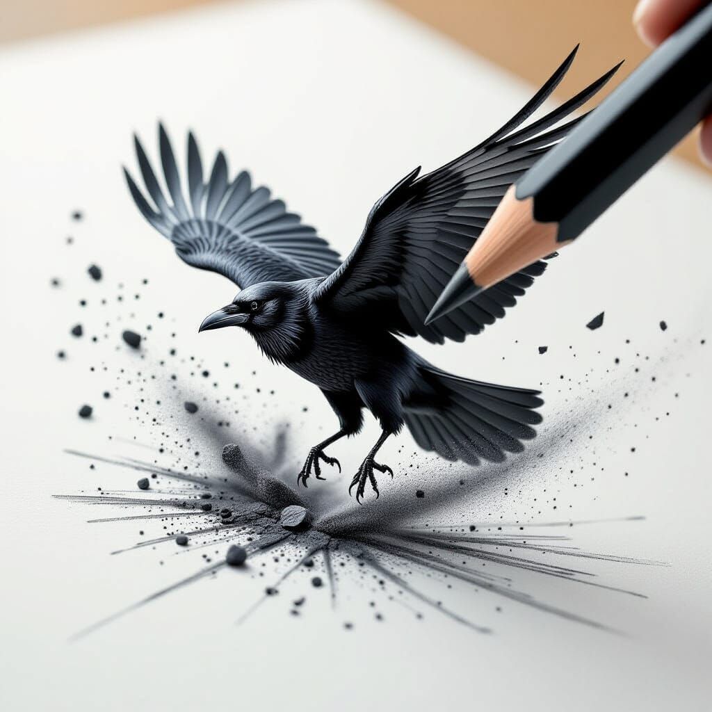 Raven bursting from the page