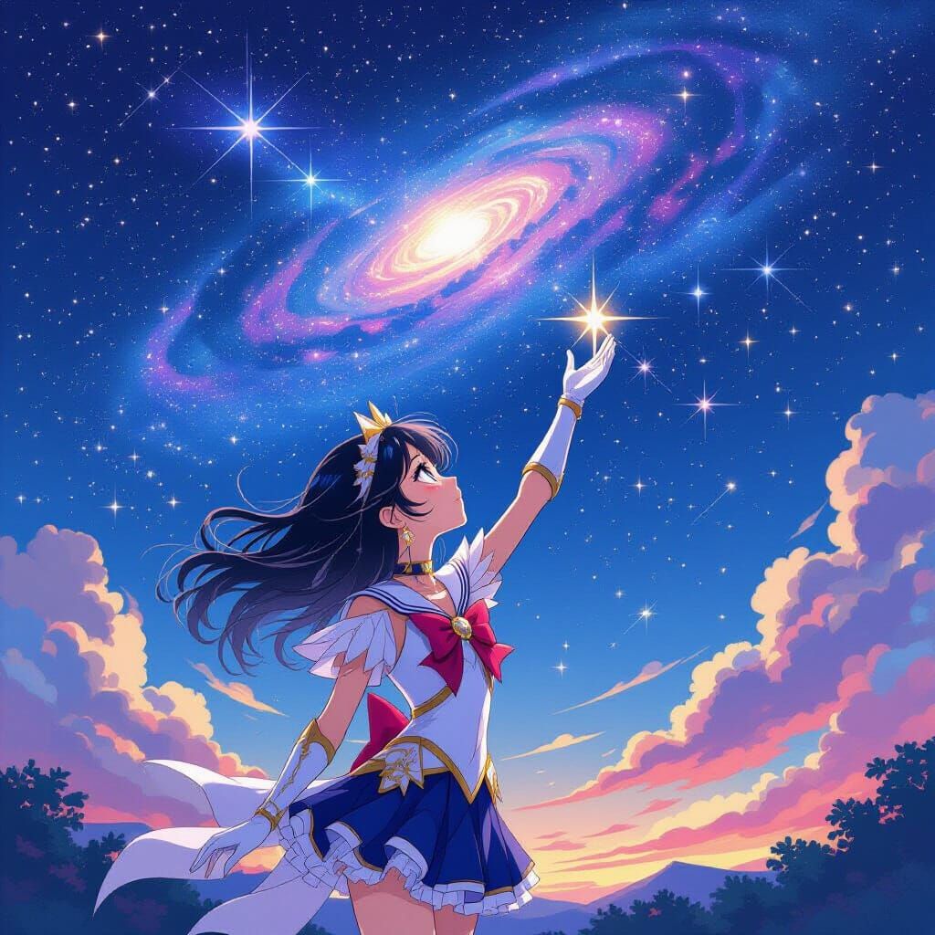 Magical Girl Under Swirling Starry Sky