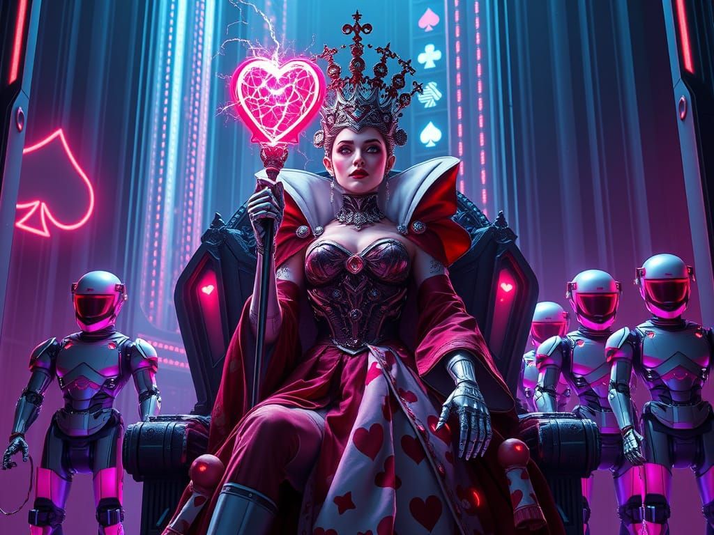 The Queen of Hearts reimagined as a powerful, cybernetic ruler in a futuristic throne room  by @Karasu Tepes