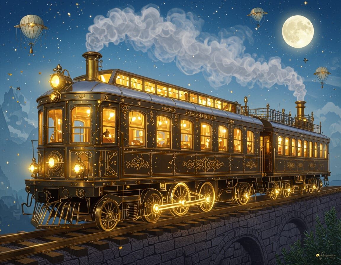 Beautiful golden steampunk enchanted train, windows lit softly giving off a welcoming light,  the train ...  by @Sumikokeel