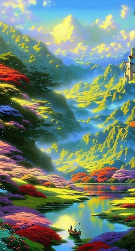 Time Sanctuary. Thomas Kinkade Studio Ghibli renaissance pai...