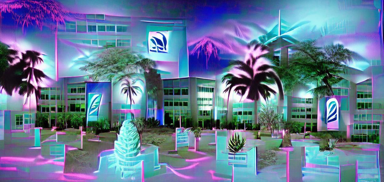 Cold Neon Vaporwave nighttime oasis tropical palm tree corporate park ...