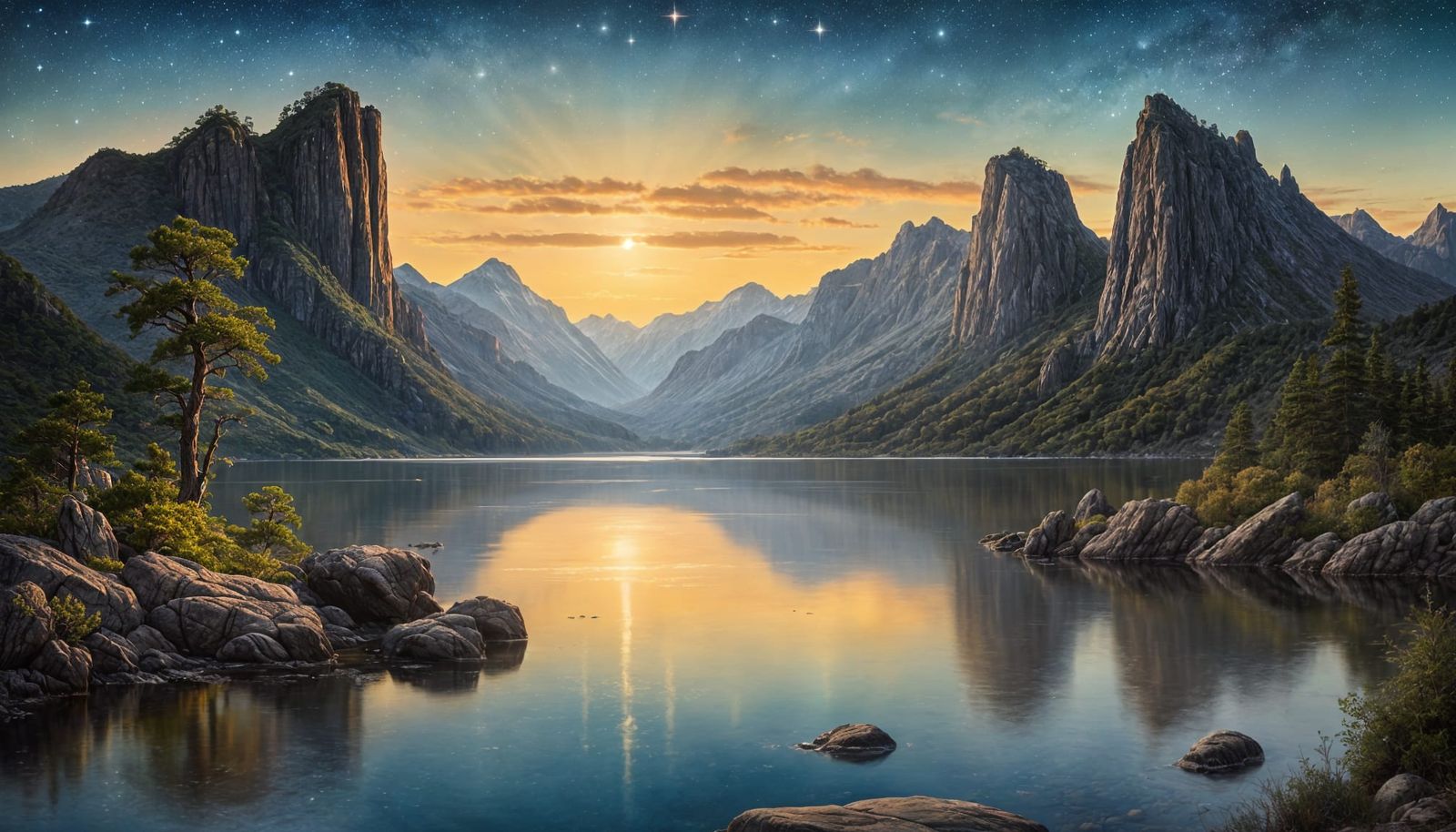 The image depicts a serene landscape at twilight or dawn, with the sun low in the sky casting long shadows ...  by @Nick Moores-68