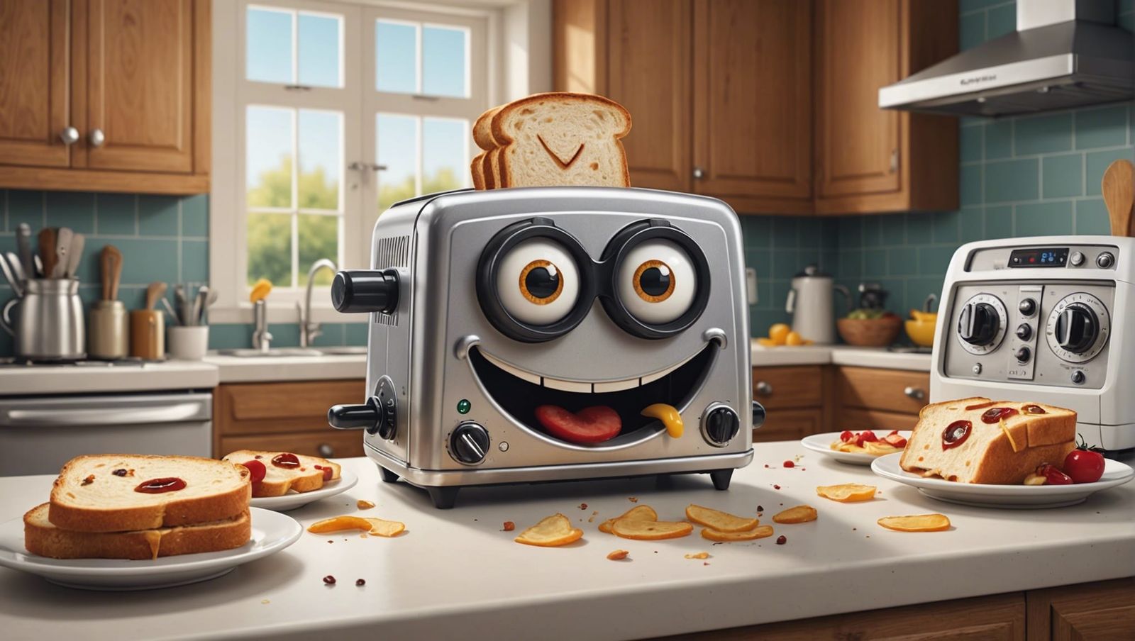 Playful illustration featuring a toaster in kitchen has transformed into a naughty quirky character with ...  by @Alan
