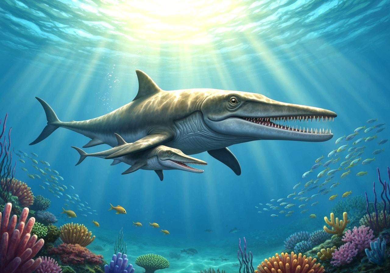  ichthyosaurs - mother and baby, sometime in the Jurassic  by @Tymelle