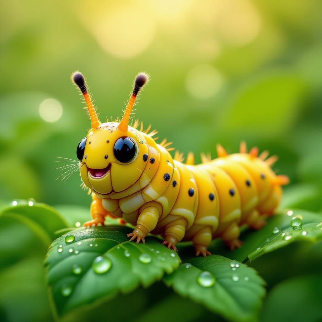 Astonished Caterpillar in Lush Botanical Garden Illustration