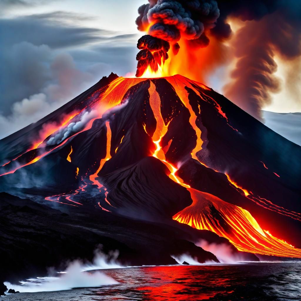 Volcanic Fire rises over a Mountain, Hot Stream of Lava flow...