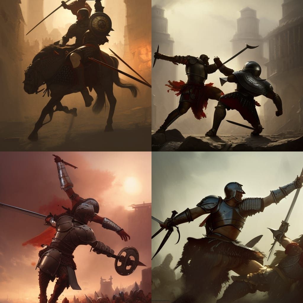 a gladiator fighting a medieval knight