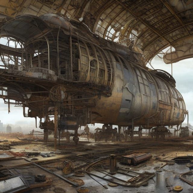Abandoned steampunk airship hangar
