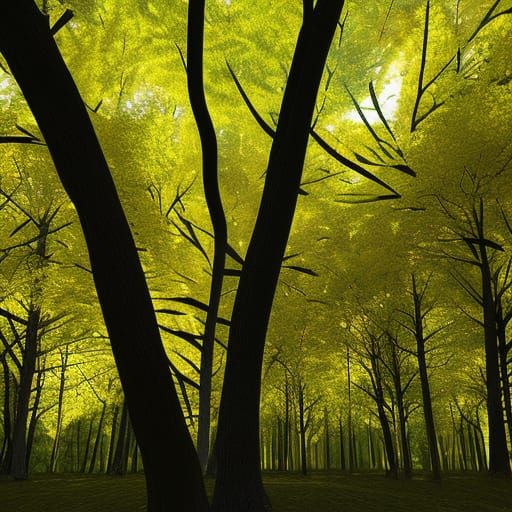 A 3D rendering of a tree with bright yellow leaves and an ab...