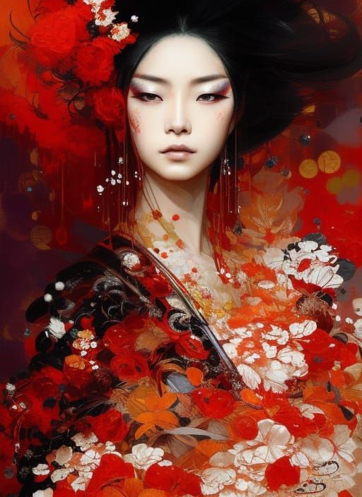 Burning Geisha Portrait in Fantasycore Style