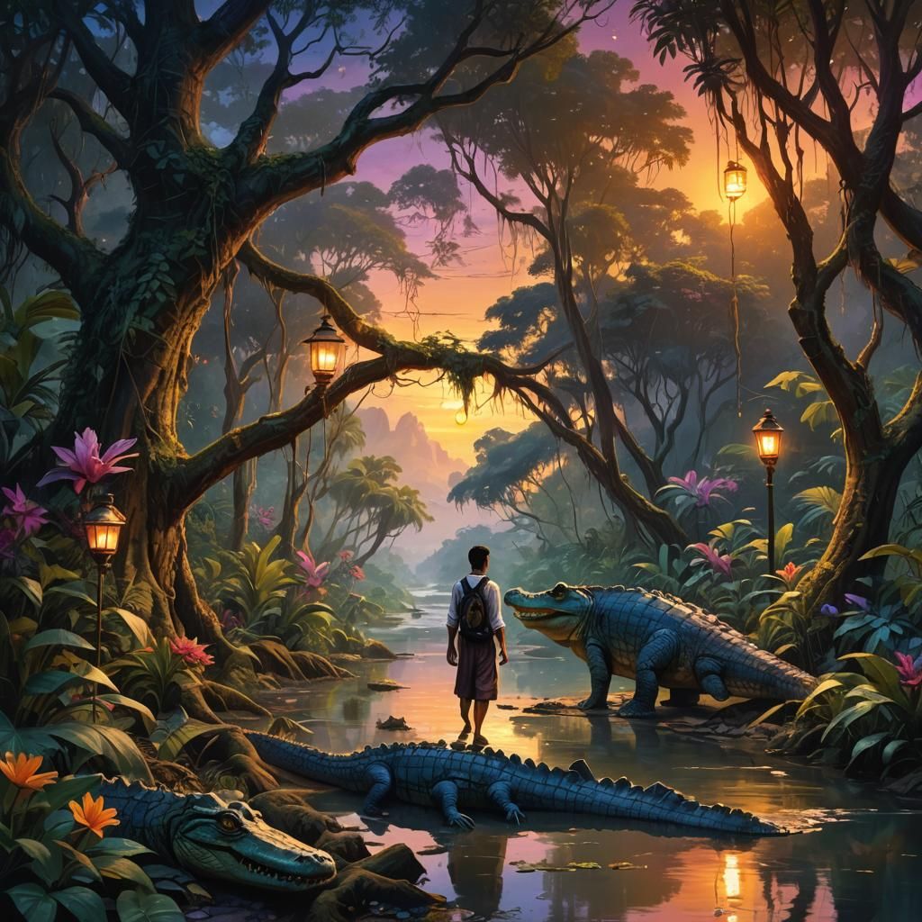 Jungle Twilight: Lantern Walk by Crocodile River
