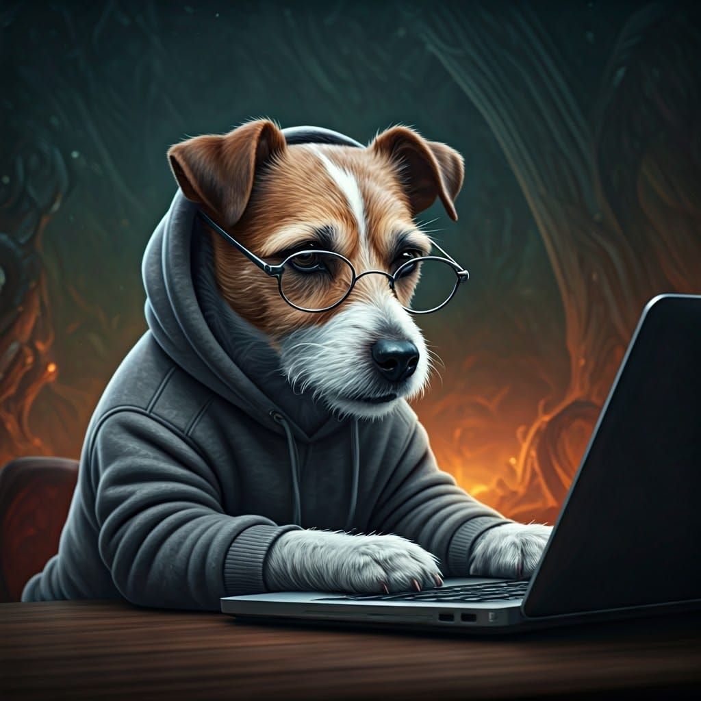 Serious Terrier Programmer in Epic Fantasy Setting