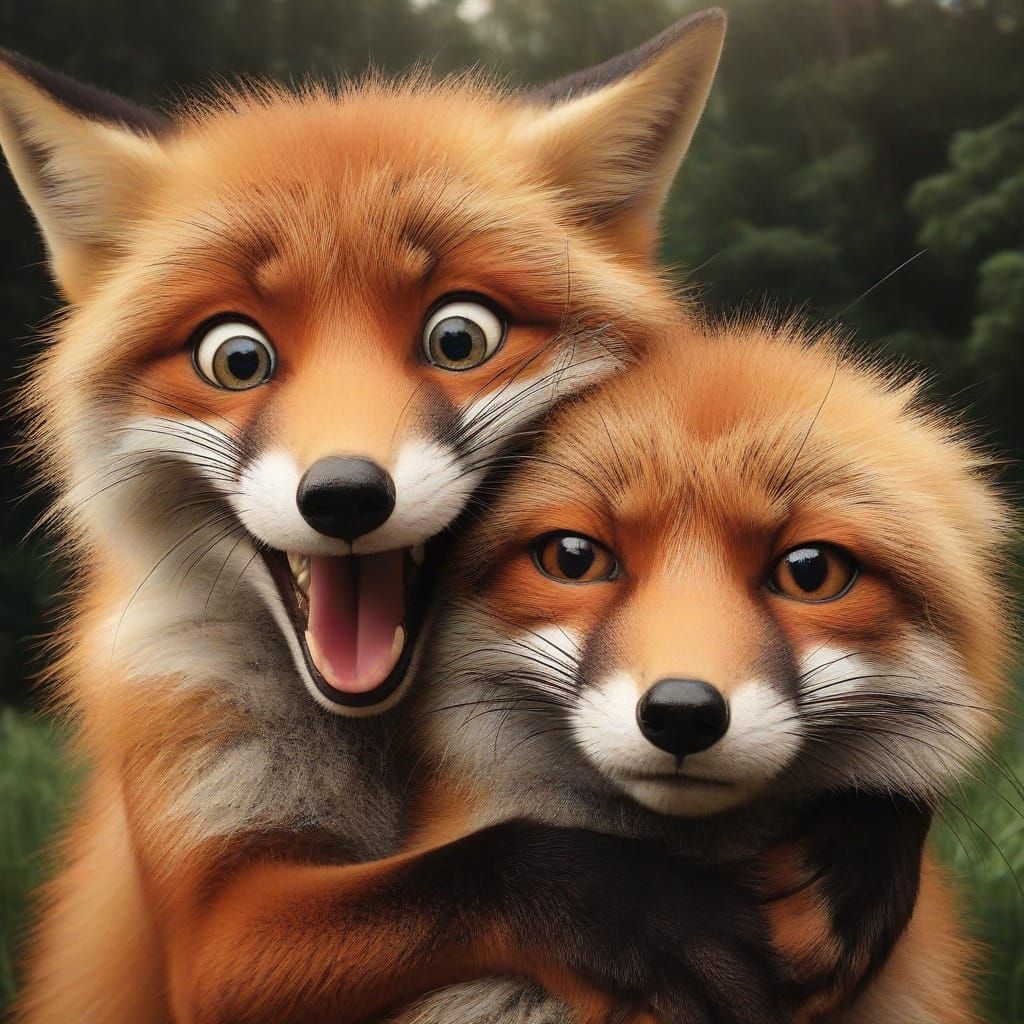 Close-up Photograph Duo Portrait: Excited Googly eyed Fox hugging an unimpressed Fox with a tired look; forest background;
