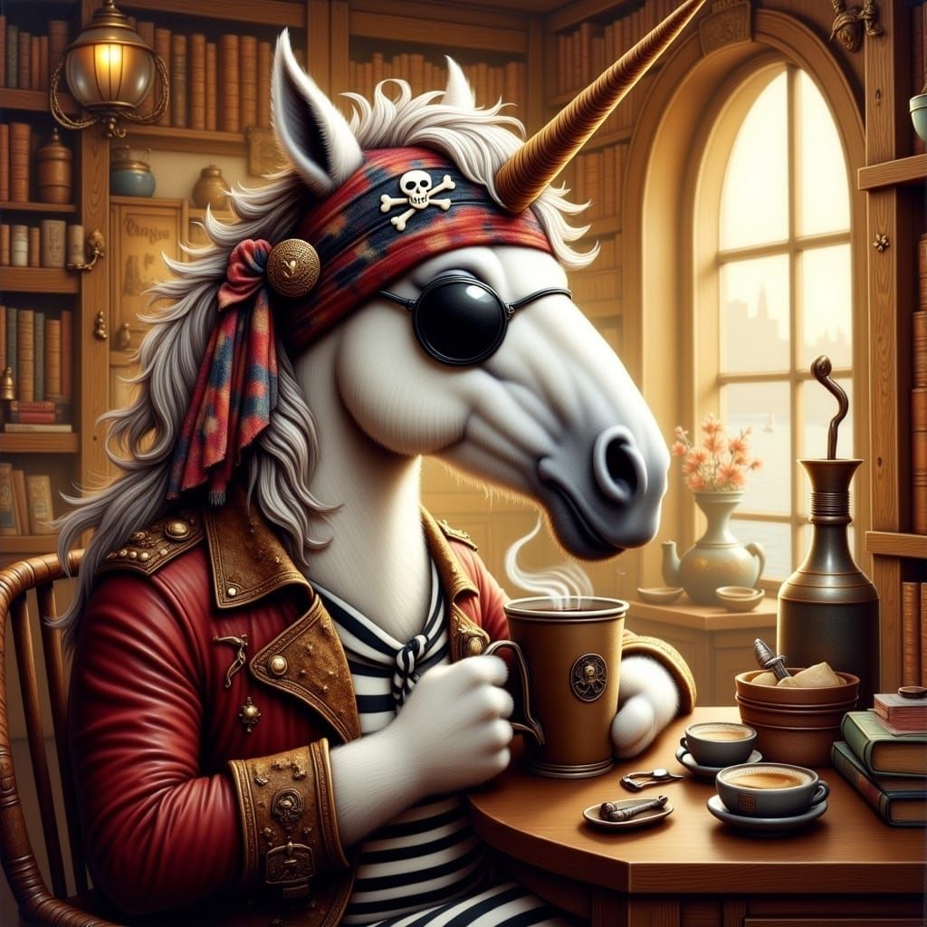 <lora:piratecritter:1.0> Unicorn pirate drinking coffee