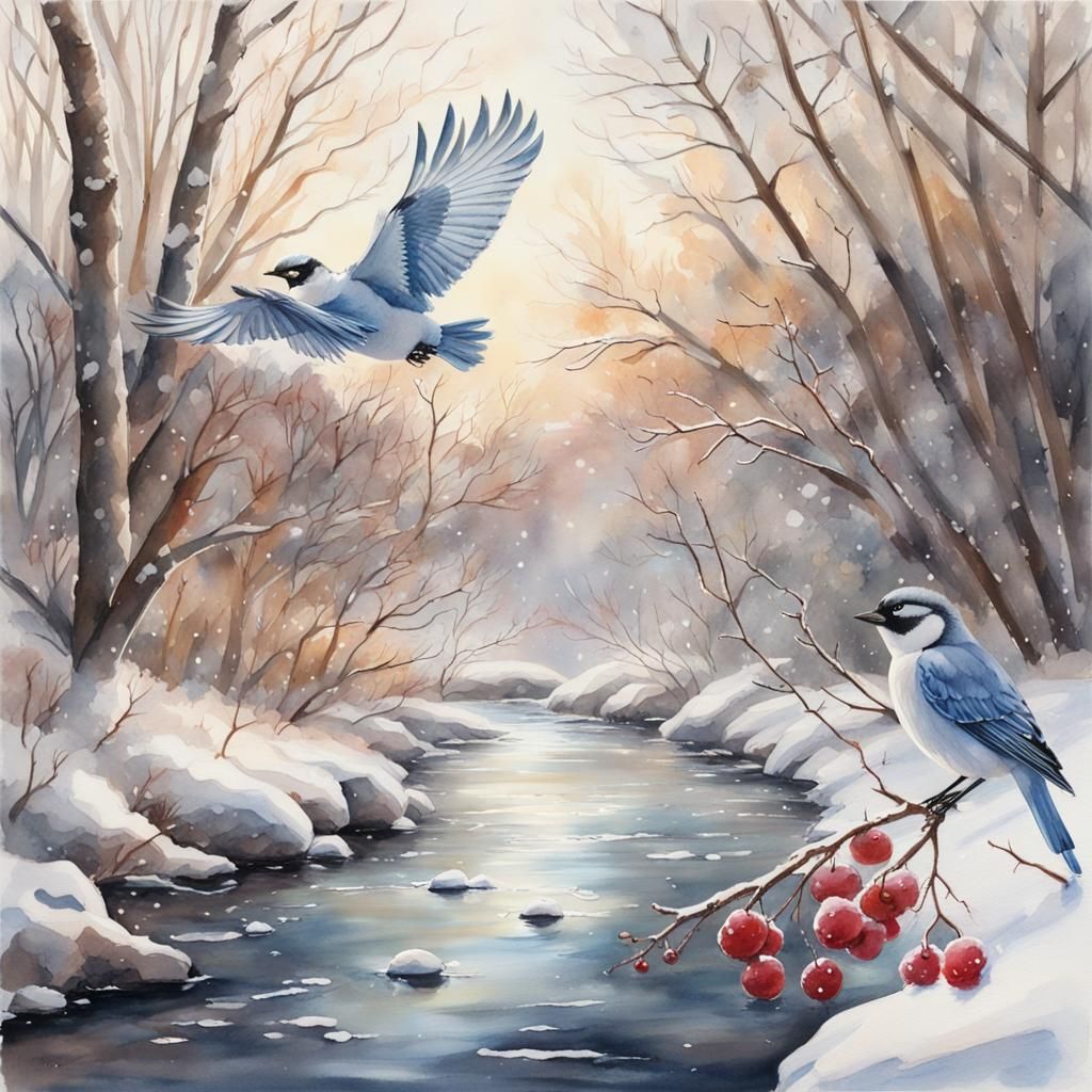 Winter Birds and the Frozen Stream  by @Rainey_Dawn