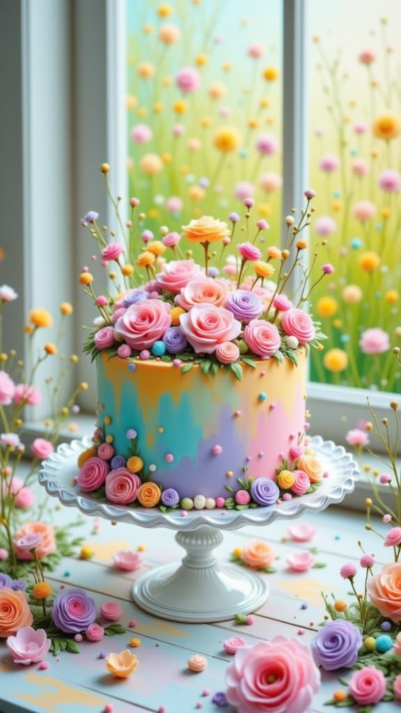 Pastel Cake with Fondant Flowers in Impressionist Style