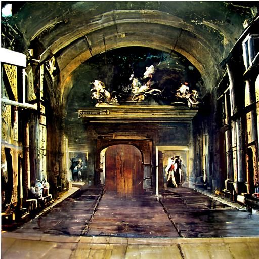 "inside the entrance hall of an abandoned castle looking at ...