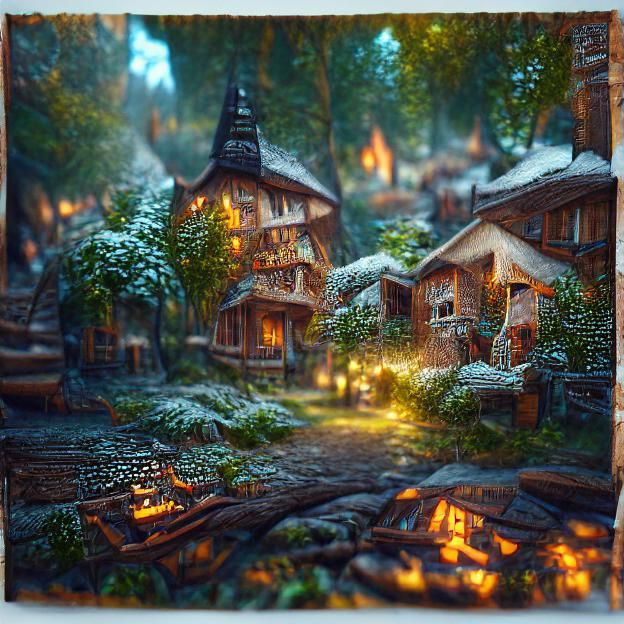 Cozy warm forest village; beautifully lit; Ferdinand Knab (1...