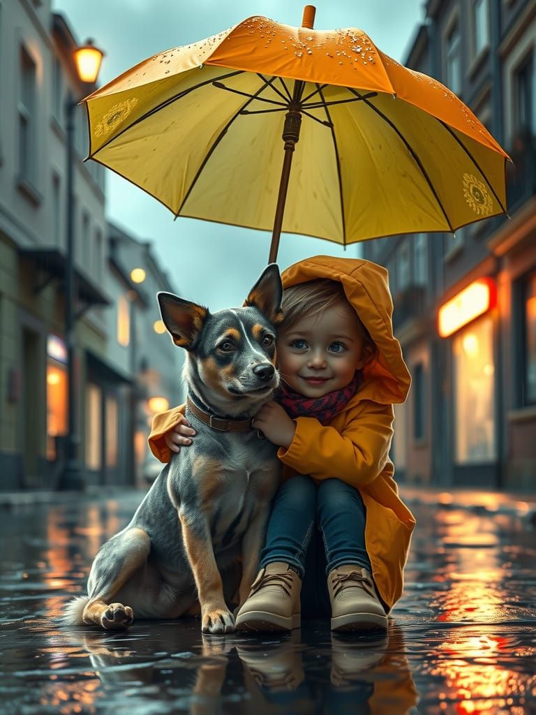 Ein kleines Mädchen und ein struppiger Straßenhund sitzen zusammengekuschelt unter einem bunten Regenschirm ...  by @Mici Myers