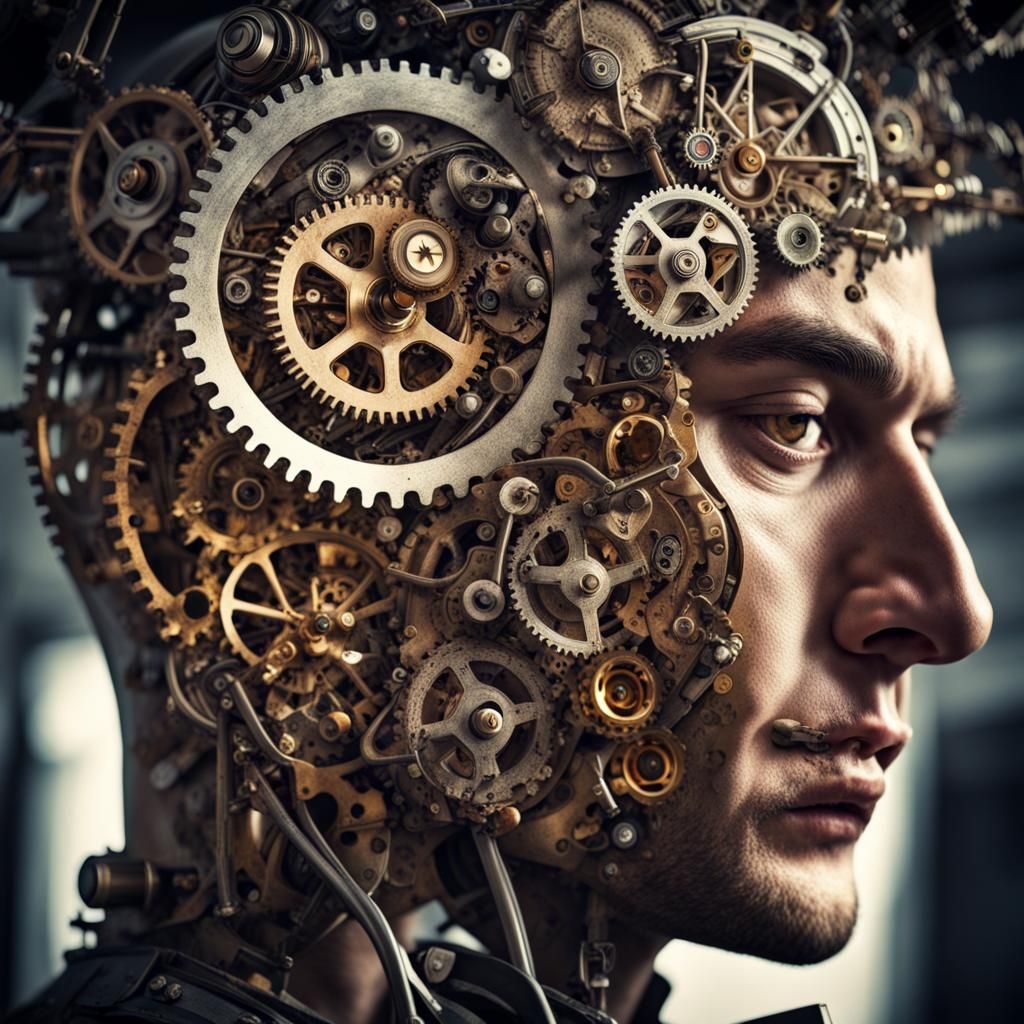 Clockwork mechanisms in a guys head intricate details, HDR, ...