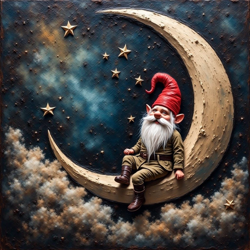 <lora:Grungy Oil Paintings:1.0> an extreme close up of a gnome sitting on a crescent moon surrounded by clouds and stars grungy oil-painting...