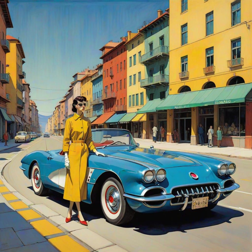 Dynamic 1958 Corvette Meets Retro-Futuristic Town