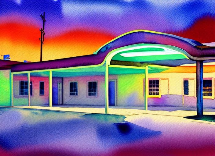 Creepy motel dynamic lighting cool colors detailed painting ...