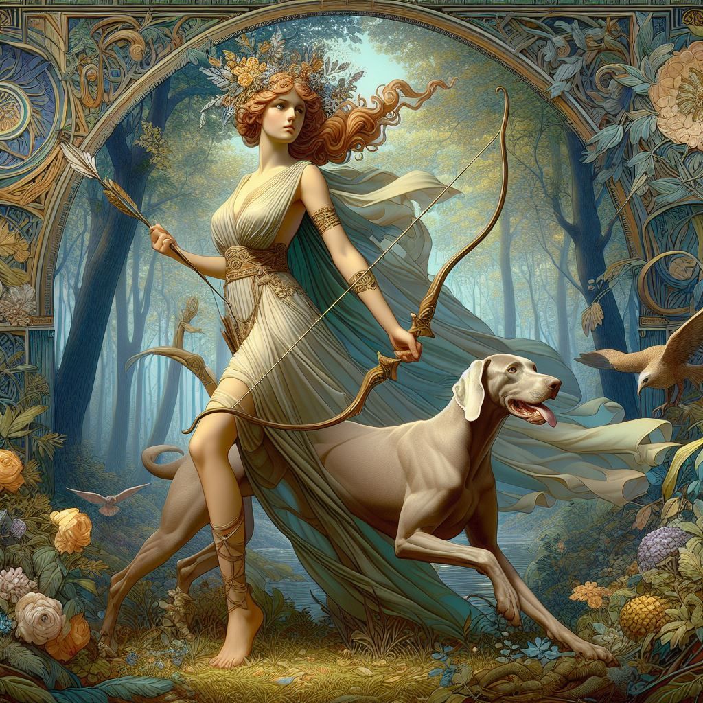 Artemis accompanied by a Weimaraner