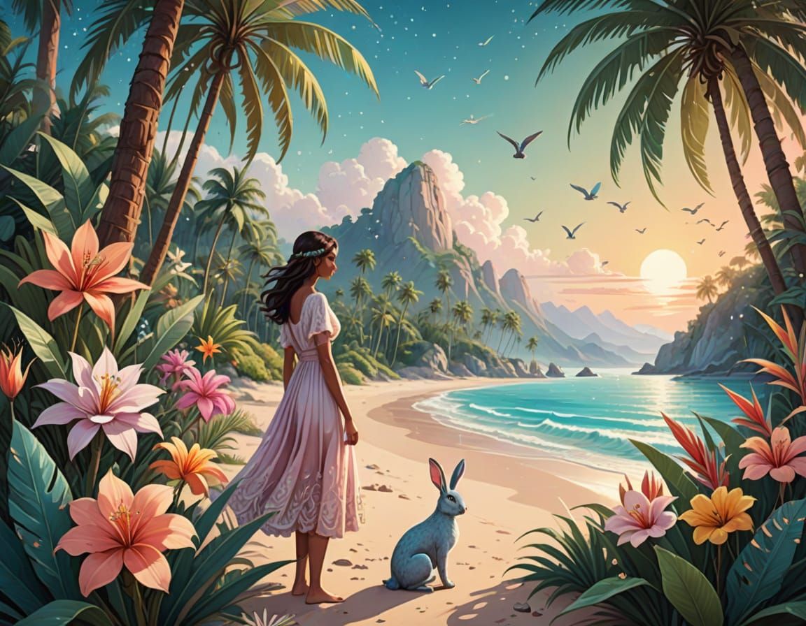 Whimsical Fantasy Beach Scene in Pastel Hues