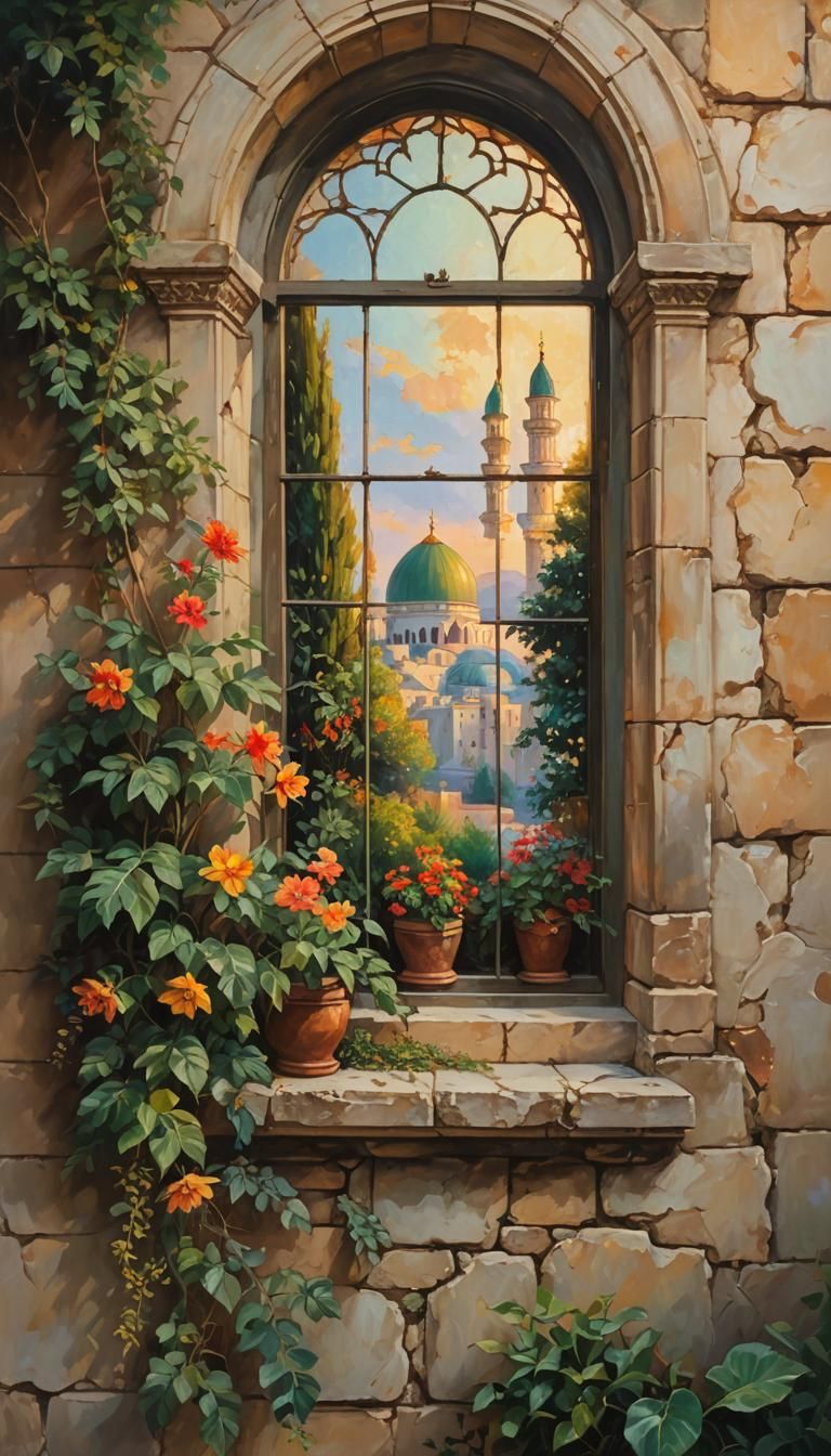 Create a enchanting scene depicting an old stone window overlooking a historic cityscape at sunset. The frame should be surrounded by green...