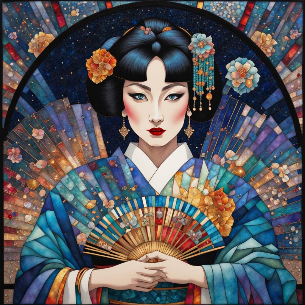 Stained Glass Geisha with Fan