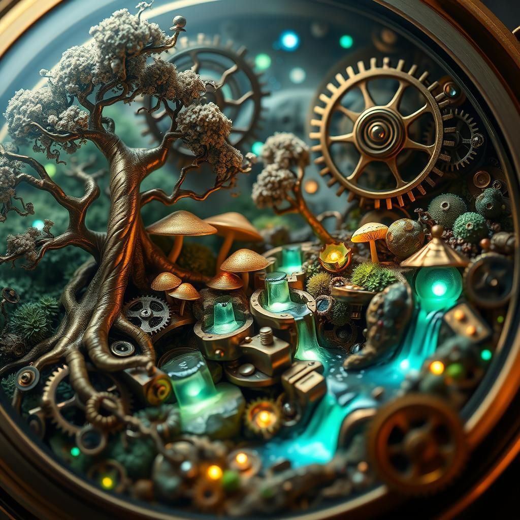 Ethereal Clockwork Landscape with Bioluminescent Flora