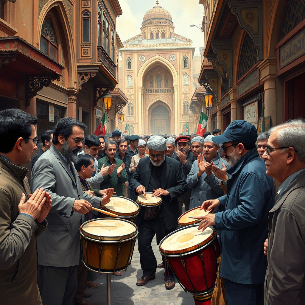 Iranian Street Drummers in Vibrant City Scene