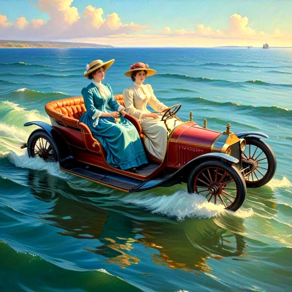 Grand Dames in Floating Automobile, Vivid Oil Painting
