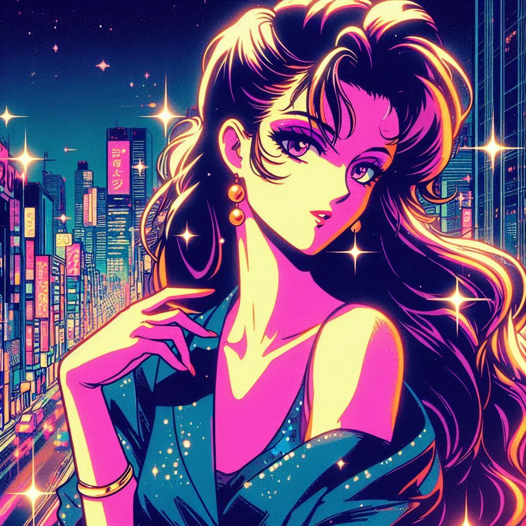a 1980s anime style image of a woman fashion model drawn in ...