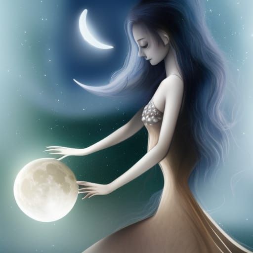 Moon goddess holding the crescent Moon in her hands hyper re...
