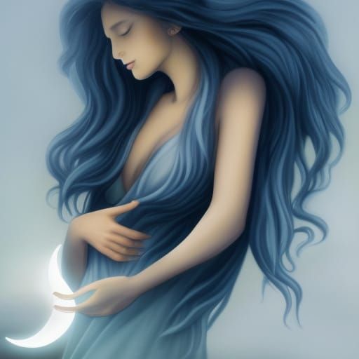 Moon goddess holding the crescent Moon in her hands hyper re...