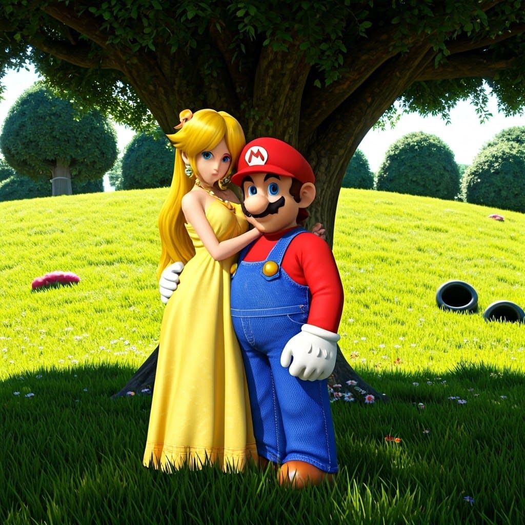 (Extremely detailed face)(extremely textured face)(perfect anatomy)Dark haired handsome human man super Mario himself x Lady Timpani herself...