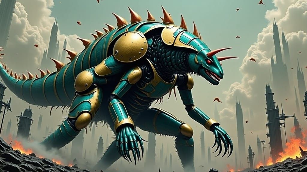 <lora:TheEngineWalks 2p0:1.0> a monstrous kaiju (hybrid of llama/crayfish/elasmosaurus) encased in biomechanical-armor (gold/indigo gradient...