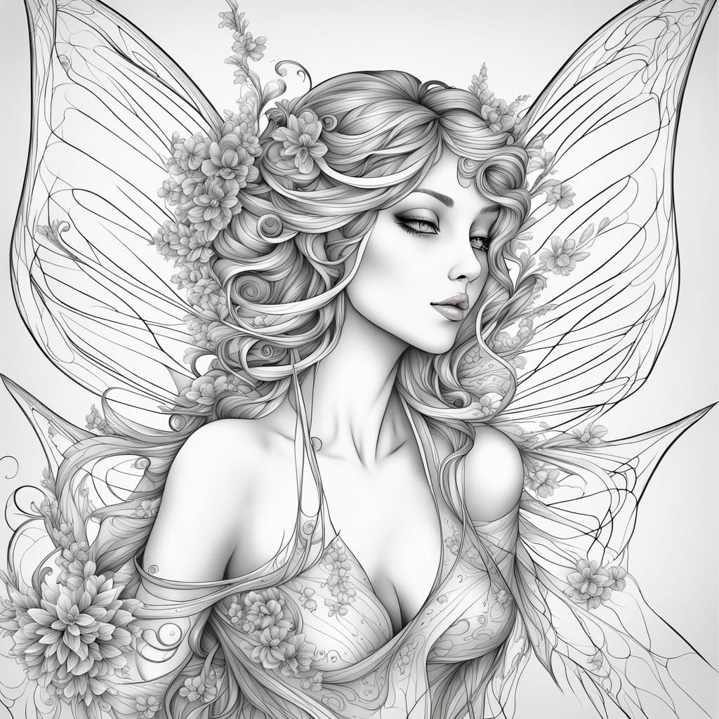 A line art picture of a fairy, using basic strokes of varing weights and angles that demonstrates form ...  by @Irene