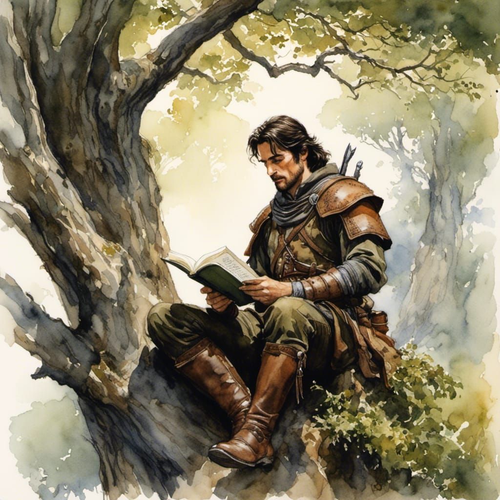 A dunedain ranger sitting in a tree reading a book <lora:Storydweller:1.0> 