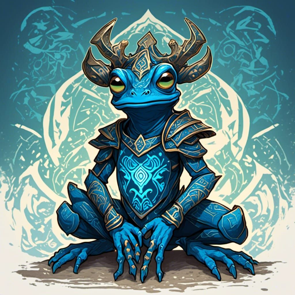 <lora:Screen Print:1.0> A frog paladin, glowing blue tribal runes, hyper detailed