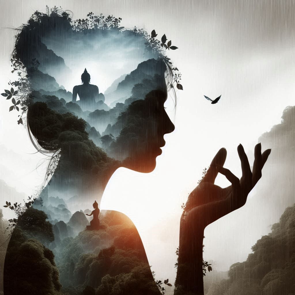 double exposure beautiful fantasy DALL-E 3 portrait landscape..