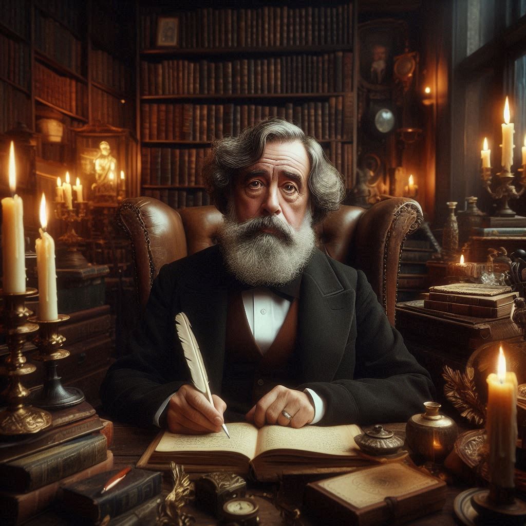Charles Dickens writing "A Christmas Carol".