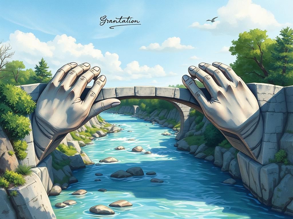 two hands carved from stone supporting a bridge 