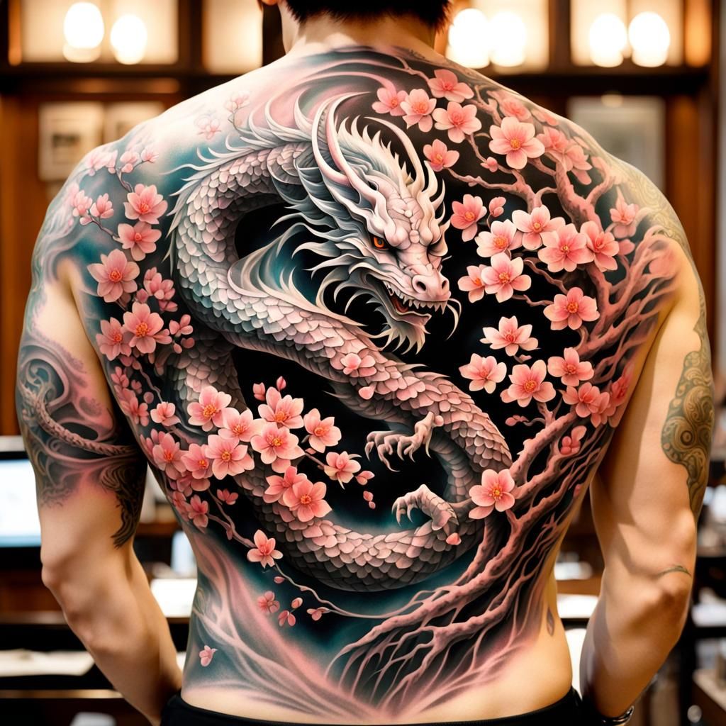 (full back tattoo) Cherry blossom Dragon