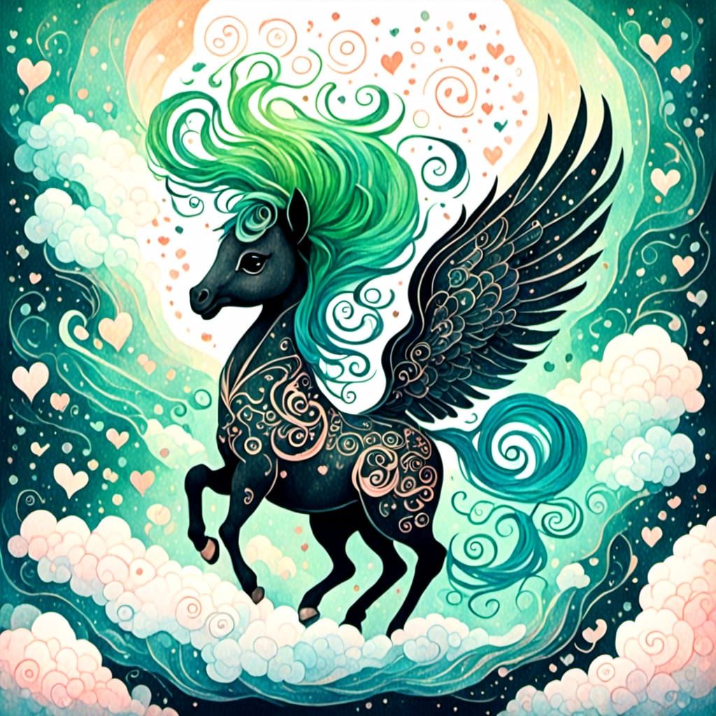 A chibi black winged foal, white mane and tail, watercolor cartoon sitting on a blue, green and pink  a cloud, filigree and hearts, offset,...